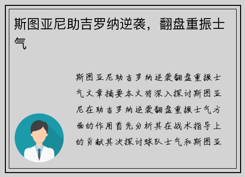 斯图亚尼助吉罗纳逆袭，翻盘重振士气